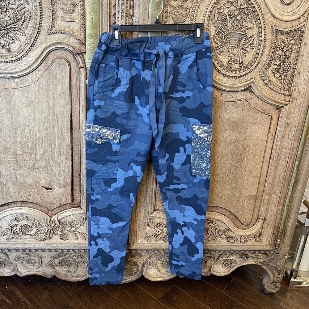 Neo Meli Made In Italy Blue Camouflage Joggers with Sequin Pockets